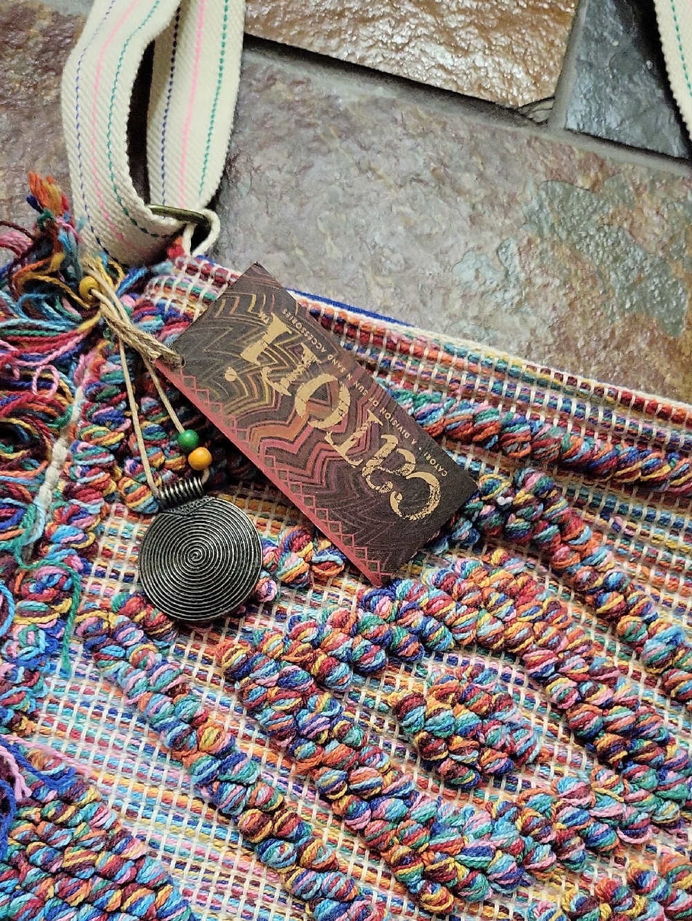 Multicolor Fringe Woven Crossbody Bag with Cream Strap - Picture 11 of 13